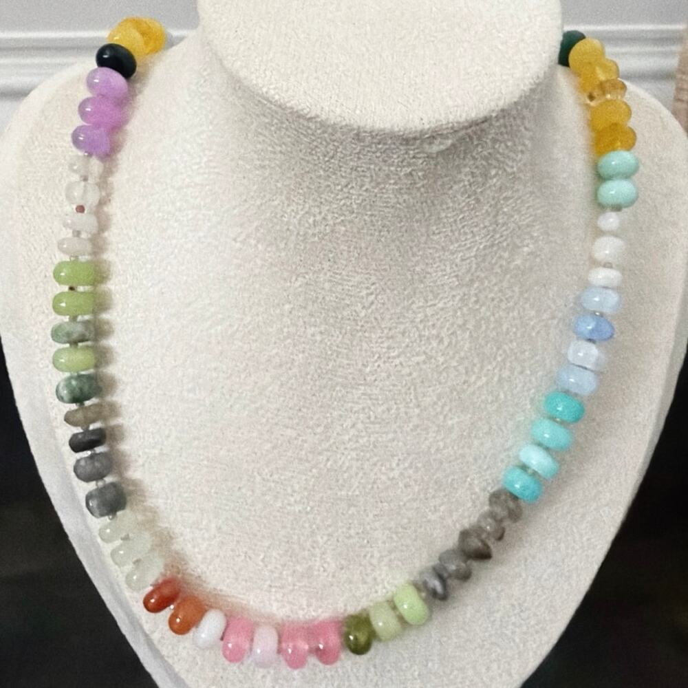 Second Bloom Studio Artisan Made Multi Gemstone Necklace 19" Gold Twist Clasp